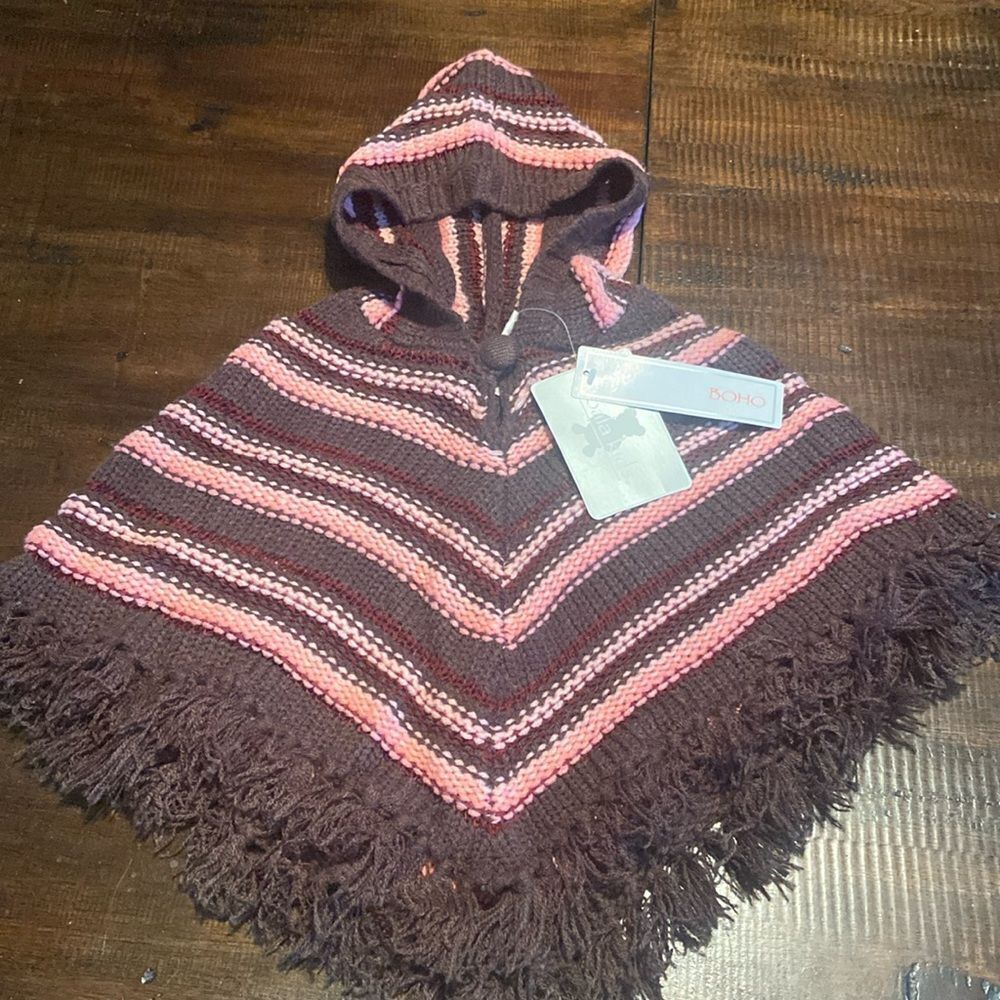 Infant Girls Sz 0-3 Mos KOALA KIDS Brown & Pink Hooded Sweater Poncho W/Fringe